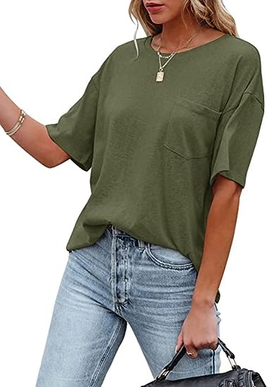 Photo 1 of Misng Women's Crewneck Summer T Shirt Short Sleeve Casual Loose Tops with Pocket, Green Half Sleeve Oversized T Shirts