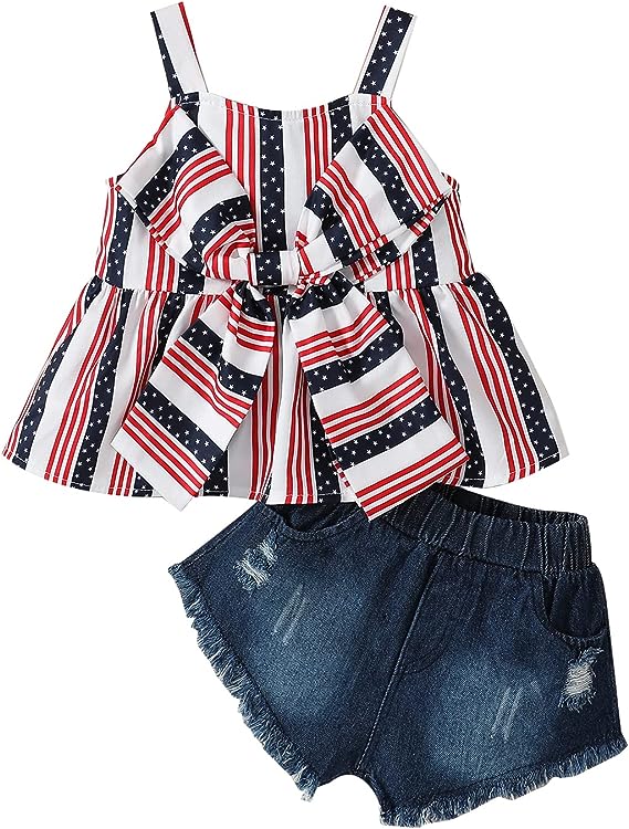 Photo 1 of Goodplayer 4th of July Toddler Girl Outfit US Flag Independence Day Top+Jeans Celebration Denim Shorts Summer Clothes?US Flag2-3T?