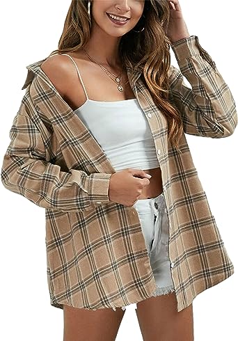 Photo 1 of Womens Flannel Plaid Shirt Button Down Shacket Cap Sleeve Casual Summer Blouse Tops Khaki