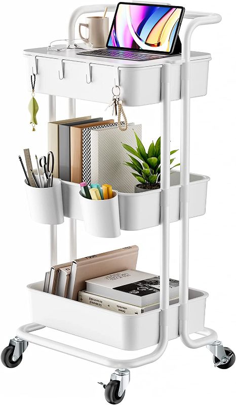 Photo 1 of 3 Tier Rolling Cart with Table Top, Utility Cart with Wheels, 2 Hanging Cups & 4 Hooks, Rolling Storage Cart for Home Storage and Organization, White