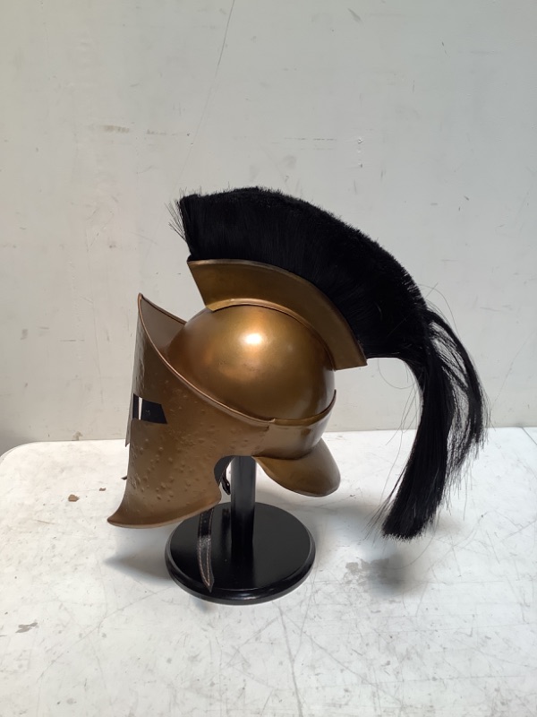 Photo 5 of THE ARMOUR WORLD Greek Spartan Helmet | Medieval Roman 300 King Leonidas Movie Helmets + Liner + Wooden Stand | LARP SCA Armor Adult Gold