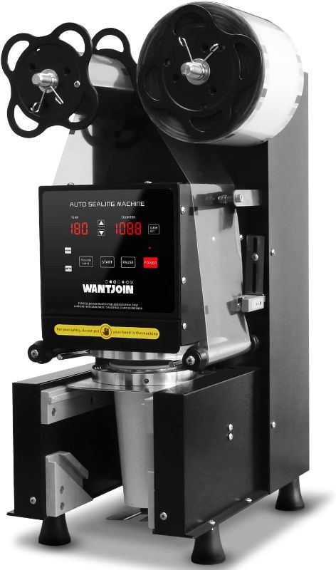 Photo 1 of WantJoin Cup Sealing Machine Full Automatic Cup Sealer Machine 90/95mm 35.4/37.4in Electric Cup Sealing Machine 500-650 Cups/H Digital Control LCD Panel Cup Sealer for Bubble Milk Tea Coffee Black
