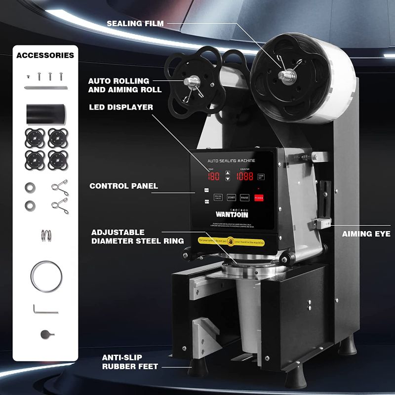 Photo 1 of WantJoin Cup Sealing Machine Full Automatic Cup Sealer Machine 90/95mm 35.4/37.4in Electric Cup Sealing Machine 500-650 Cups/H Digital Control LCD Panel Cup Sealer for Bubble Milk Tea Coffee Black