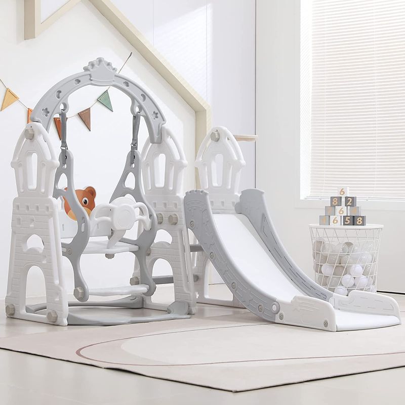 Photo 1 of MERIT play Toddler Slide Kids Slide and Swing Set, 4 in 1 Baby Slide Climber Playset with Basketball Hoop and Safety Swing Set, Indoor Outdoor Backyard Baby Playground Toys for Toddlers Age 1-5, Grey