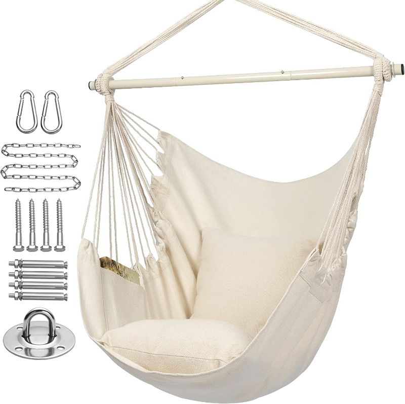 Photo 2 of Y- STOP Hammock Chair Hanging Rope Swing, Max 500 Lbs, 2 Seat Cushions Included, Quality Cotton Weave for Superior Comfort, Durability, with Hardware Kit (Beige)