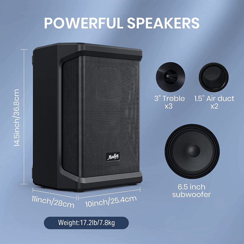 Photo 3 of Moukey Portable PA Speaker, Rechargeable Bluetooth 5.0 PA System Built in 6.5" Woofer and 3" Tweeters * 3, 100W Peak/50W RMS Power, with LED Battery Indicator, MP3/USB/XLR Input, MPA-M1