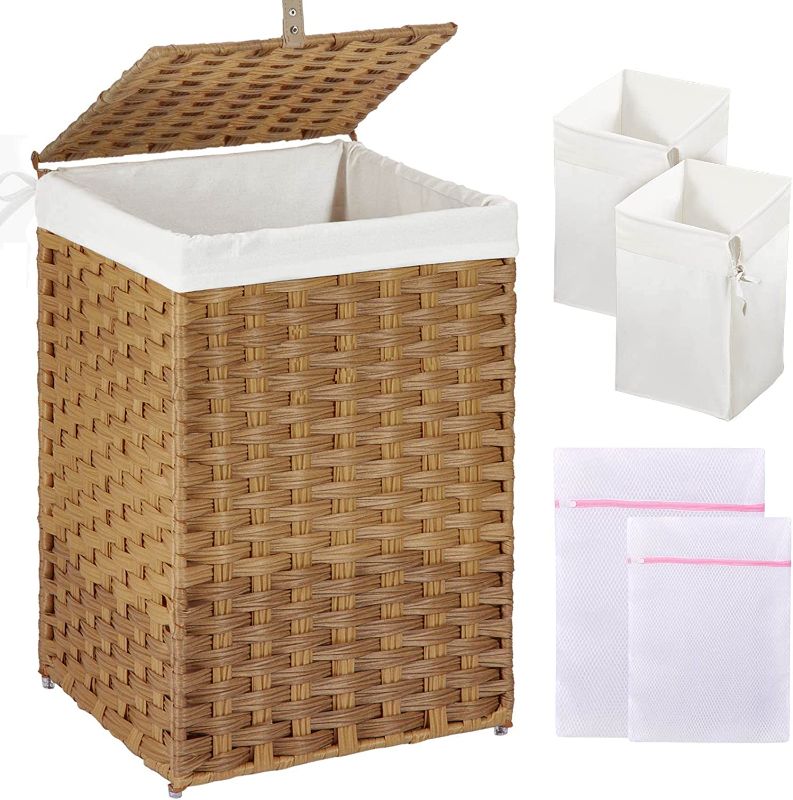 Photo 1 of Greenstell Laundry Hamper with Lid, 60L Clothes Hamper with 2 Removable Liner Bags & 2 Mesh Laundry Bags, Handwoven Synthetic Rattan Laundry Basket for Clothes, Toys in Bathroom, Bedroom Natural