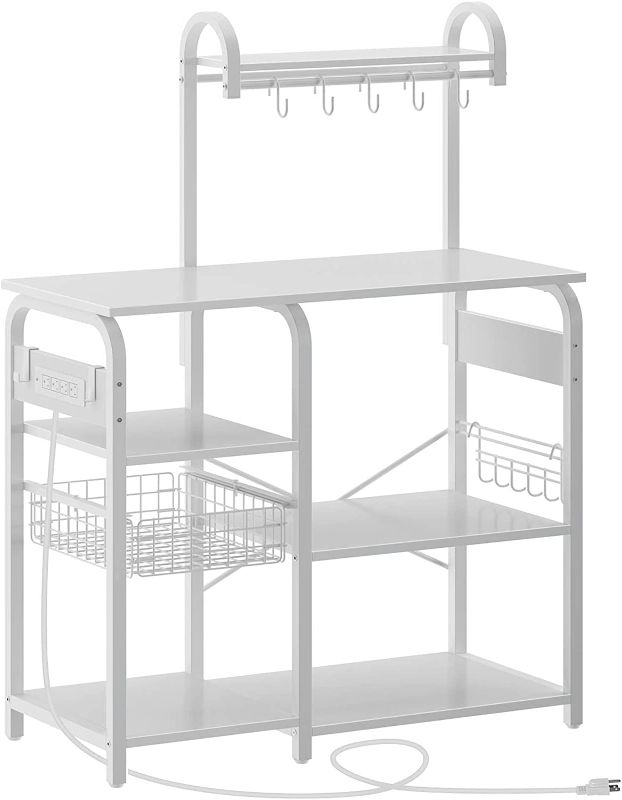 Photo 1 of Rolanstar Baker's Rack with Power Outlet, Coffee Bar with Pull Basket, 6-Tier Kitchen Storage Rack with 13 Hooks, Microwave Stand, Freestanding Utility Stable Rack, White