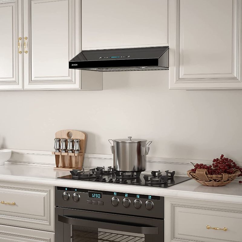 Photo 3 of IKTCH Upgraded 30"Under Cabinet Range Hood, 900 CFM Ducted Range Hood with 4 Speed Fan, Black Stainless Steel & Tempered Glass Range Hood 30 inch with Gesture Sensing & Touch Control