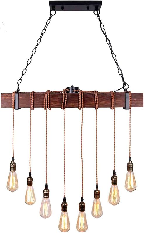 Photo 1 of Farmhouse Pendant Lights Kitchen Island, Kitchen Light Fixtures, Rustic Dining Room Light Fixture with 8 E26 Bulb Sockets, Black Metal and Wood Beam Chandelier, Ceiling Pendant Light Fixtures