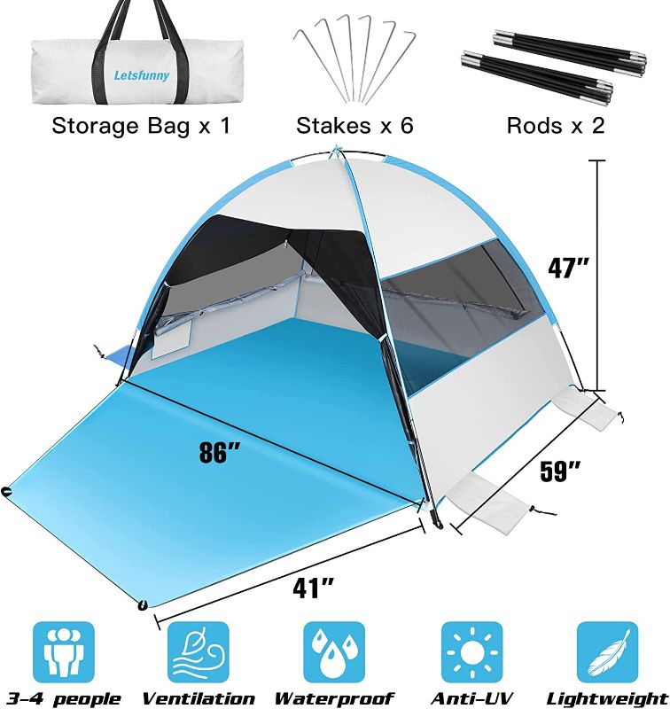 Photo 2 of Large Easy Setup Beach Tent, Anti-UV Beach Shade Beach Canopy Tent Sun Shade with Extended Floor & 3 Mesh Roll Up Windows Fits 3-4 Person, Portable Shade Tent for Outdoor Camping Fishing (Silver)