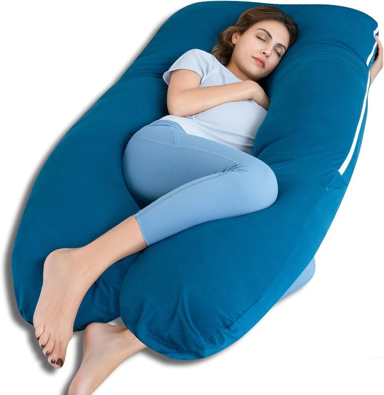 Photo 1 of QUEEN ROSE Pregnancy Pillow, U Shaped Pregnancy Pillows for Sleeping, Maternity Body Pillow for Side and Back Sleepers, Luxury Soft Comfort, Blue Jersey, 55 Inch