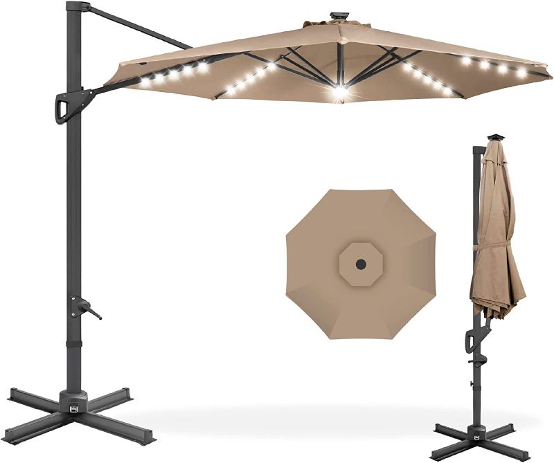 Photo 1 of 10ft Solar LED Cantilever Patio Umbrella, 360-Degree Rotation Hanging Offset Market Outdoor Sun Shade for Backyard, Deck, Poolside w/Lights, Easy Tilt, Cross Base - Tan