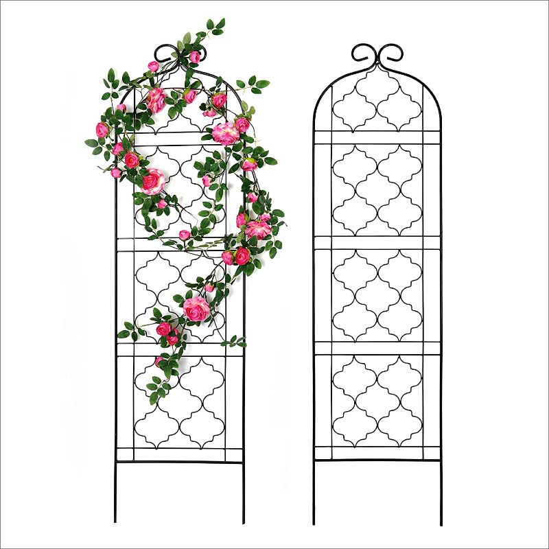 Photo 1 of Garden Trellis for Vines and Climbing Plants Outdoor, Iron Wire Lattices Grid Panels for Potted Climbing Pergola Cucumber Tomato Rose Vegetable Flower Plant Trellises (60 * 16 Inch, Pack of 2, Black)