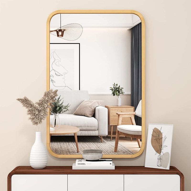 Photo 1 of FUWU HOME Wood Bathroom Mirror for Wall 20" x 30" Farmhouse Rounded Corner Rectangle Mirror with Wooden Framed for Home Living Room Bedroom Wall Mounted Decorative Mirror (Natural Beech Wood)