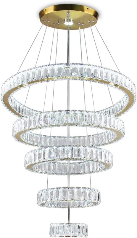 Photo 1 of LED Crystal Chandeliers, Modern 5 Rings Pendant Light Titanium Gold Stainless Steel Height Adjustable Ceiling Light for Bedroom Dinning Room Kitchen (Cool White)