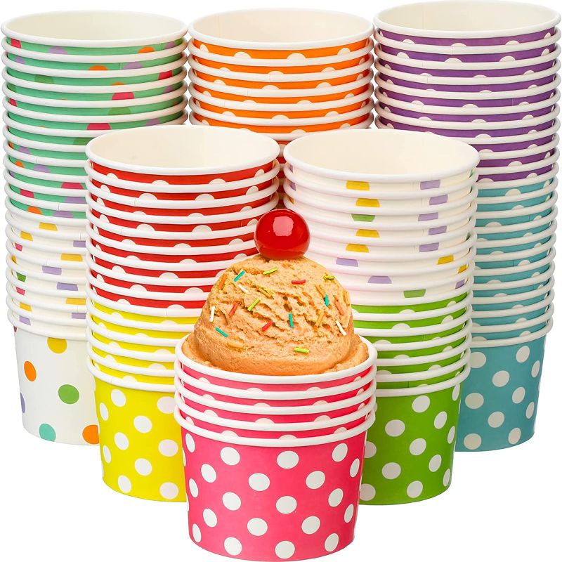 Photo 1 of Gandeer 150 Pack Ice Cream Paper Cups, 8 oz Disposable Sundae Yogurt Dessert Bowls, Rainbow Polka Dots Cups for Christmas, Birthday, Baby Shower, Wedding Party Supplies (Vivid Color, 2.9 x 3.9 Inch)