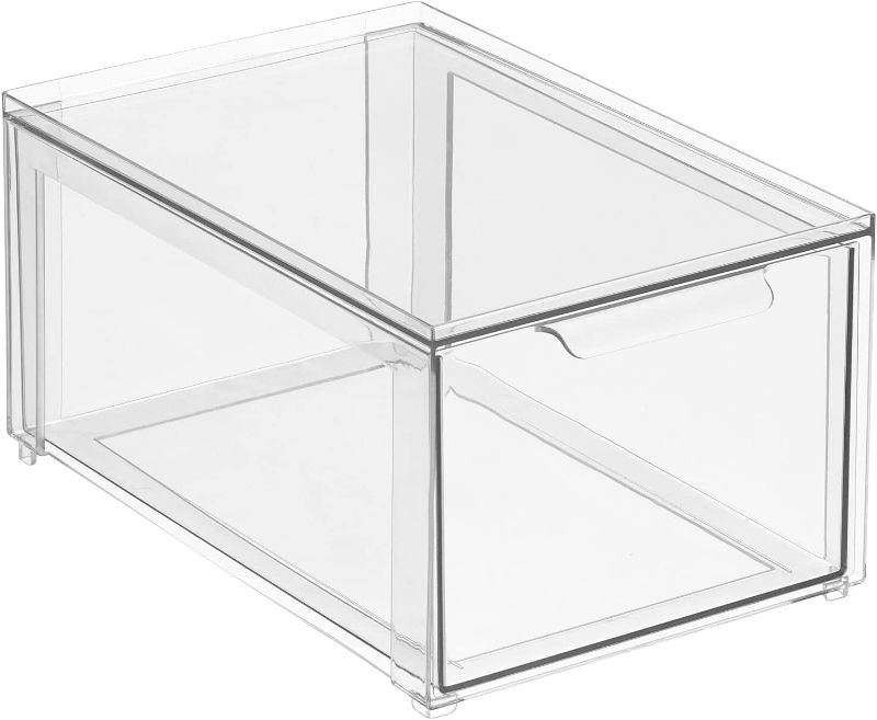 Photo 1 of mDesign Plastic Stackable Closet Storage Organizer Bins with Pull Out Drawer for Cabinet, Desk, Shelf, Cupboard, or Dresser Organization - Lumiere Collection - Clear 7x14x8in