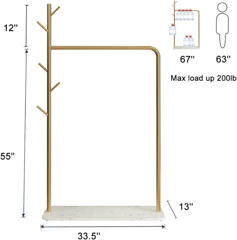 Photo 2 of HEONITURE 3-in-1 Gold Clothes Rack with Marble Bottom Shelf, Heavy Duty Clothing Racks for Hanging Clothes, 5 Side Hooks Display Garment Rack for Bedroom, Retail Store