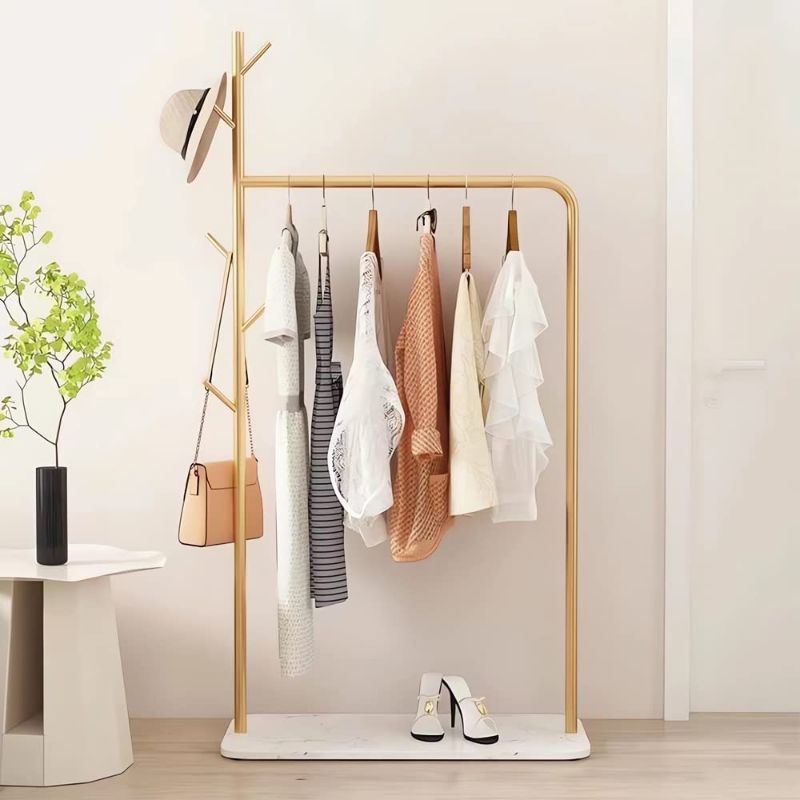 Photo 1 of HEONITURE 3-in-1 Gold Clothes Rack with Marble Bottom Shelf, Heavy Duty Clothing Racks for Hanging Clothes, 5 Side Hooks Display Garment Rack for Bedroom, Retail Store