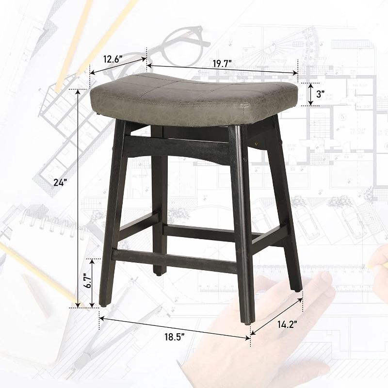 Photo 2 of Sophia & William Counter Height Bar Stools Set of 2 Kitchen Island Stools with Solid Wood Legs, 24" Abrasive Leather Upholstered Farmhouse Saddle Bar Stool for Kitchen Counter, Grey, 2PC