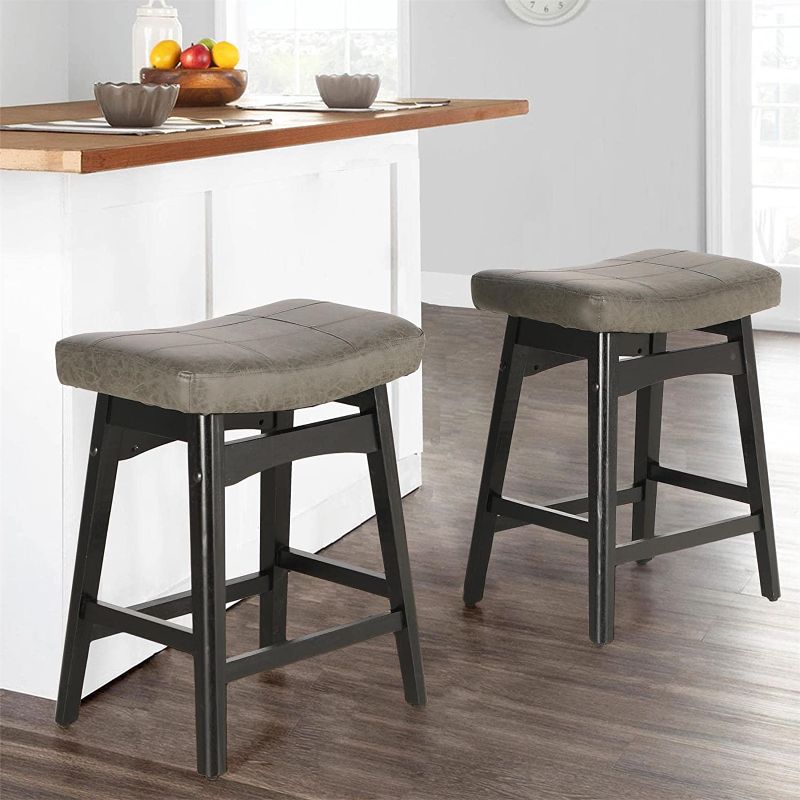 Photo 1 of Sophia & William Counter Height Bar Stools Set of 2 Kitchen Island Stools with Solid Wood Legs, 24" Abrasive Leather Upholstered Farmhouse Saddle Bar Stool for Kitchen Counter, Grey, 2PC