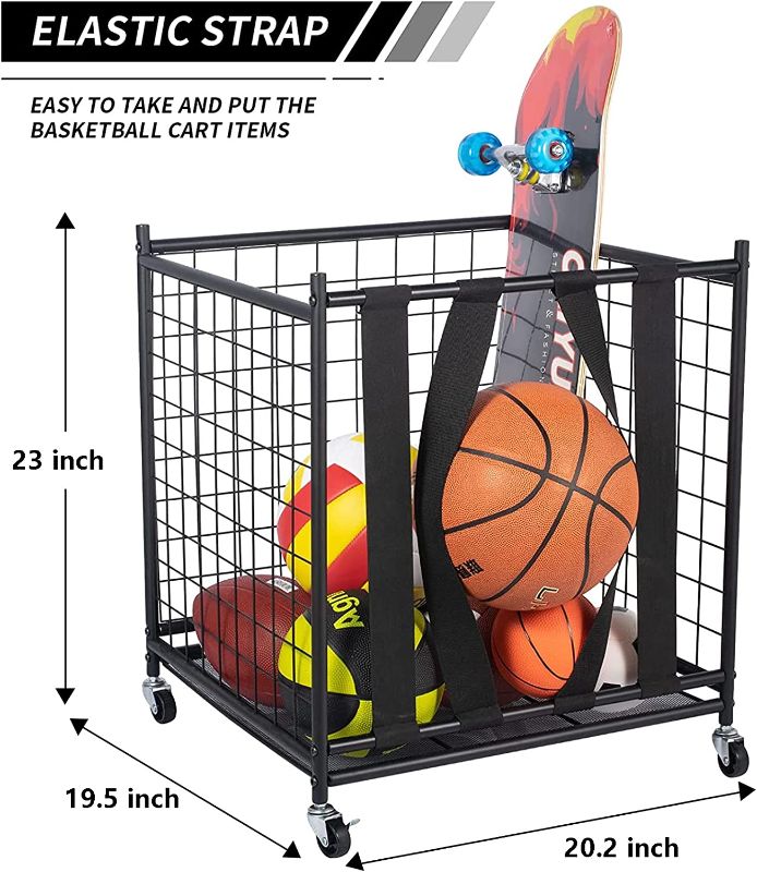 Photo 2 of Oududianzi Ball Storage, Rolling Sport Balls Cart, Ball Organizer for Garage, Garage Organizer Sport Rack, Ball Basket Storage with Elastic Straps, Garage Sports Equipment Organizer for Kinds Balls