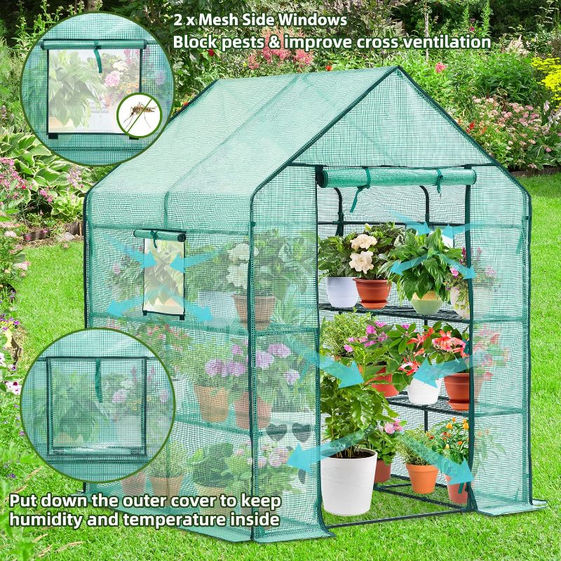 Photo 1 of Greenhouse for Outdoors with Screen Windows, Ohuhu Walk in Plant Greenhouses Heavy Duty with Durable PE Cover, 3 Tiers 12 Shelves Stands 4.8x4.8x6.3 FT Plastic Portable Green House with Shelf Clips