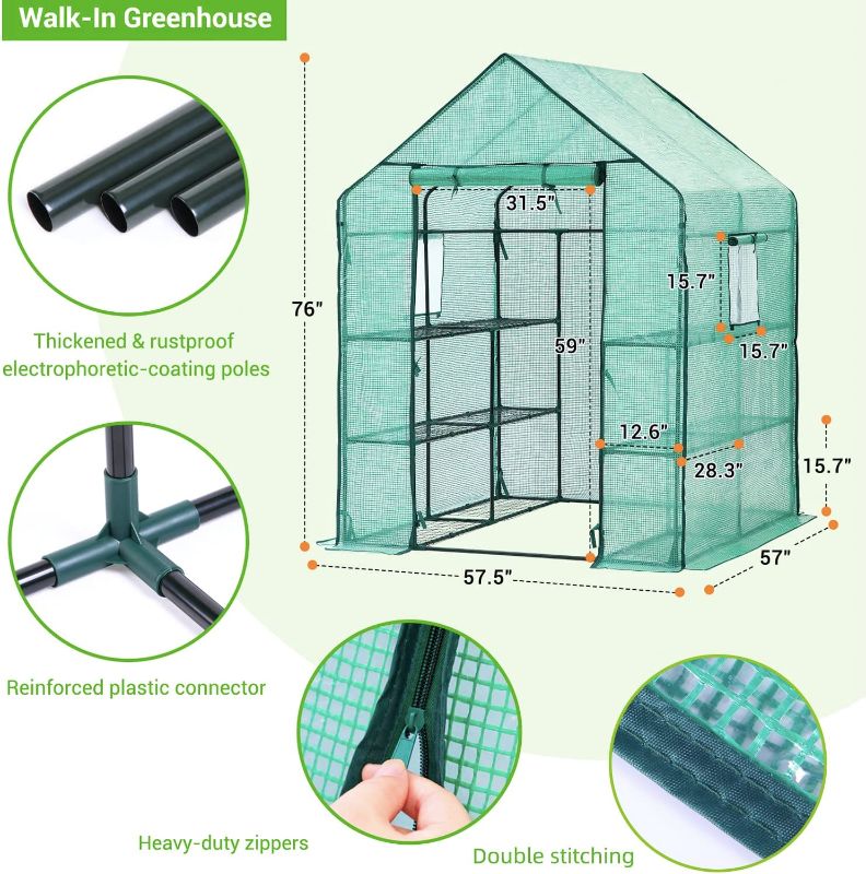 Photo 2 of Greenhouse for Outdoors with Screen Windows, Ohuhu Walk in Plant Greenhouses Heavy Duty with Durable PE Cover, 3 Tiers 12 Shelves Stands 4.8x4.8x6.3 FT Plastic Portable Green House with Shelf Clips