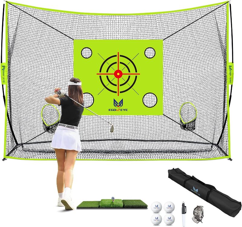 Photo 1 of EGOOIEYE 10x7.3ft Golf Practice Net with 6 Target Pockets, Tri Turf Mat, 4 Golf Balls, Marking Tool Kit, Swing/Driving/Chipping, Use for All Skill Levels, Home/Backyard/Garage