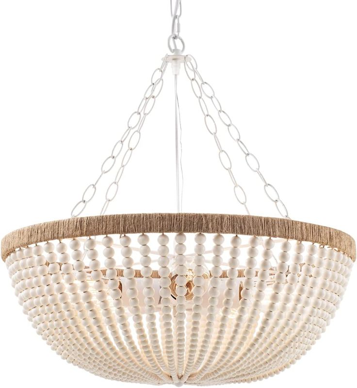 Photo 1 of ELYCCUPA 5 Lights Bohemia Wood Beaded Chandelier Farmhouse Antique Rustic Pendant Light for Bedroom Kitchen Island Dining Living Room, White, Dia 22 Inch