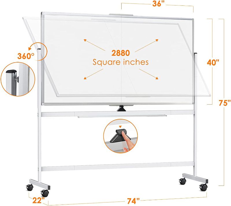 Photo 2 of 72 x 40 Double Sided Rolling Whiteboard, Mobile Whiteboard Magnetic White Board - Large Reversible Dry Erase Board Easel Standing Board on Wheels with Silver Aluminum Frame and Stand