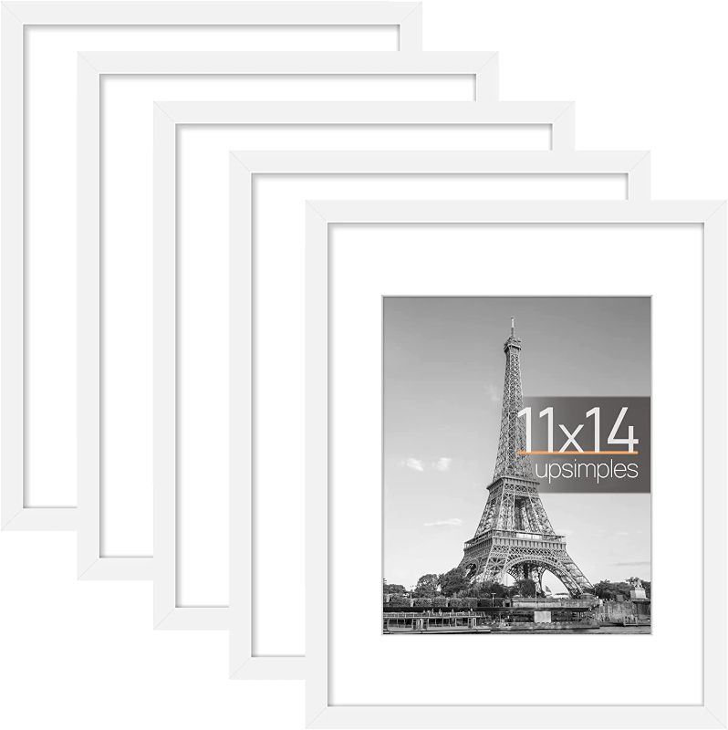 Photo 1 of upsimples 11x14 Picture Frame Set of 5, Display Pictures 8x10 with Mat or 11x14 Without Mat,Wall Gallery Photo Frames, White