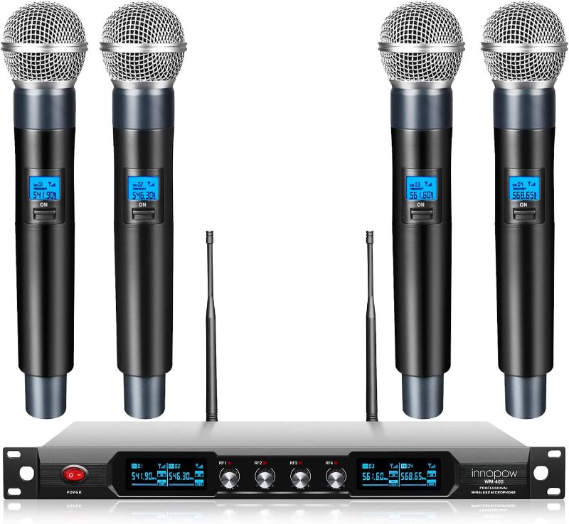 Photo 1 of innopow 4-Channel Wireless Microphone System, Quad UHF Metal Cordless Mic, 4 Handheld Mics, Long Distance150-200Ft, Fixed Frequency, 16 Hours Use for Karaoke Singing, Church