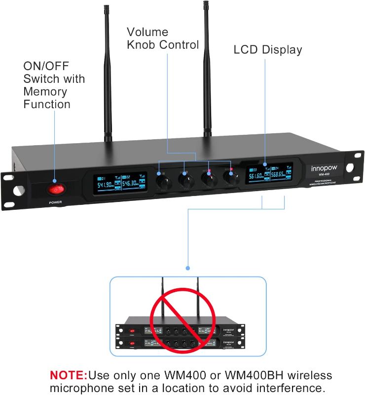 Photo 2 of innopow 4-Channel Wireless Microphone System, Quad UHF Metal Cordless Mic, 4 Handheld Mics, Long Distance150-200Ft, Fixed Frequency, 16 Hours Use for Karaoke Singing, Church