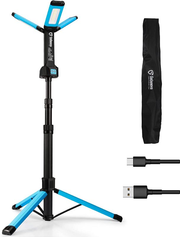 Photo 1 of gogonova Rechargeable Work Light with Stand, Cordless Work Light with Triple LED Lamps, 8AH Battery, 700/1200/2200 Lumen, 4000/6500K Dimmable Led Work Light Kit with Detachable Tripod