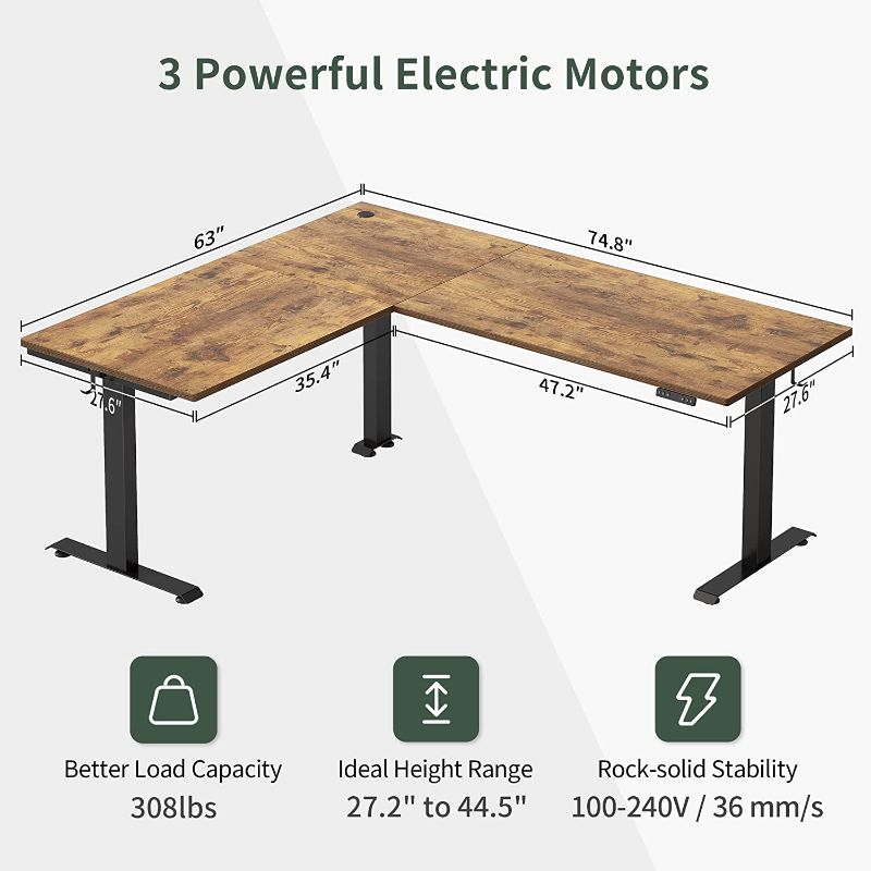 Photo 2 of FEZIBO 63 Inches Triple Motor L Shaped Standing Desk Reversible, Electric Height Adjustable Corner Stand up Desk, Sit Stand Desk Computer Workstation, Black Frame/Rustic Brown Top