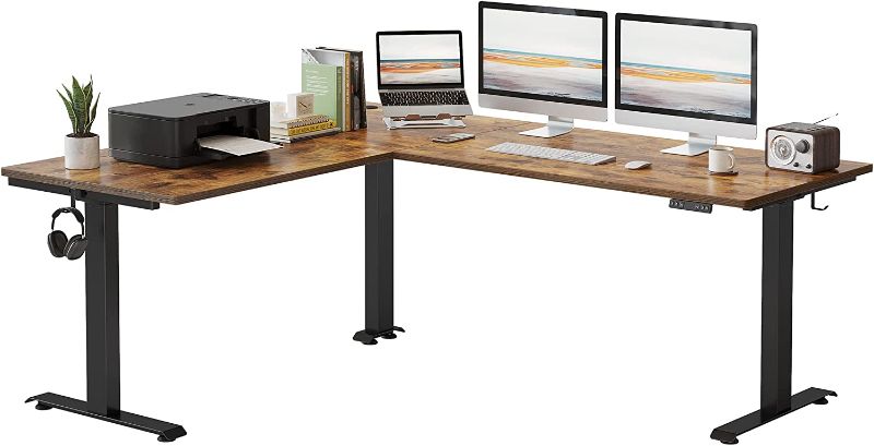 Photo 1 of FEZIBO 63 Inches Triple Motor L Shaped Standing Desk Reversible, Electric Height Adjustable Corner Stand up Desk, Sit Stand Desk Computer Workstation, Black Frame/Rustic Brown Top