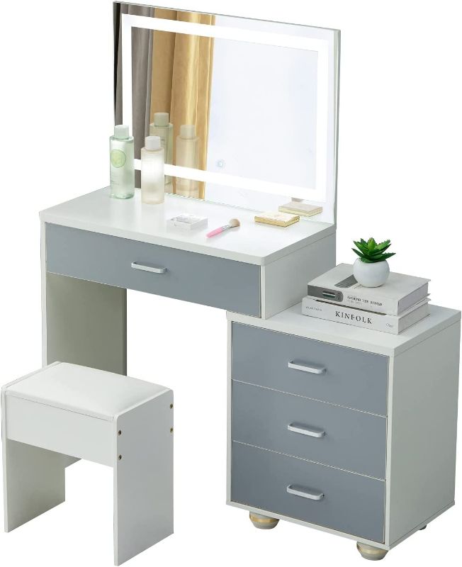 Photo 1 of ND Large Vanity Set with 3 Color Touch LED Lighted Mirror, Dressing Table with 5 Drawers, Storage Shelves & Cushioned Stool for Bedroom, Makeup Desk White (46.5" L x13.8 W x50 H)