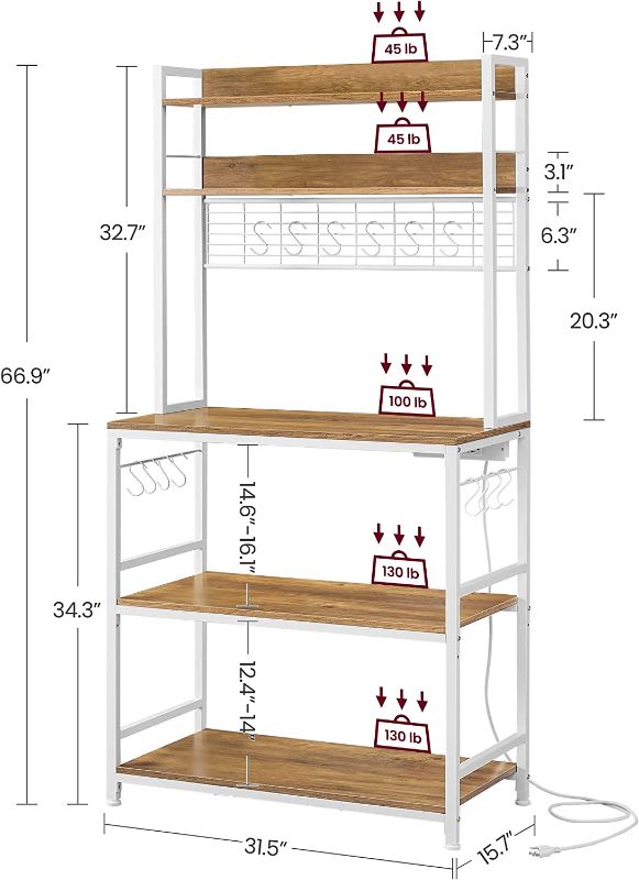 Photo 2 of VASAGLE Bakers Rack with Power Outlet, Adjustable Microwave Stand, 14 Hooks Coffee Bar with Metal Wire Panel, Kitchen Hutch Storage Shelf, 15.7 x 31.5 x 66.9 Inches, Rustic Walnut and White 
