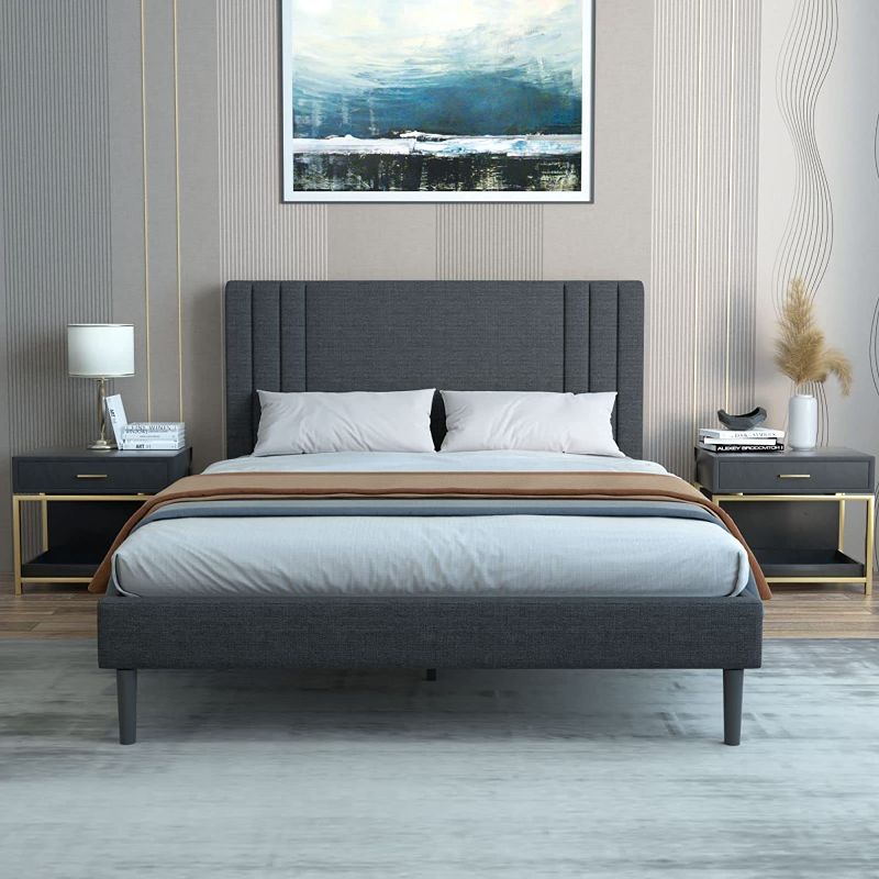 Photo 1 of Lijimei Full Size Bed Frame with Upholstered Headboard, Platform in Linen Fabric,Mattress Foundation with Wooden Slats Support, Easy Assembly, Noise Free, No Box Spring Needed, Dark Gray