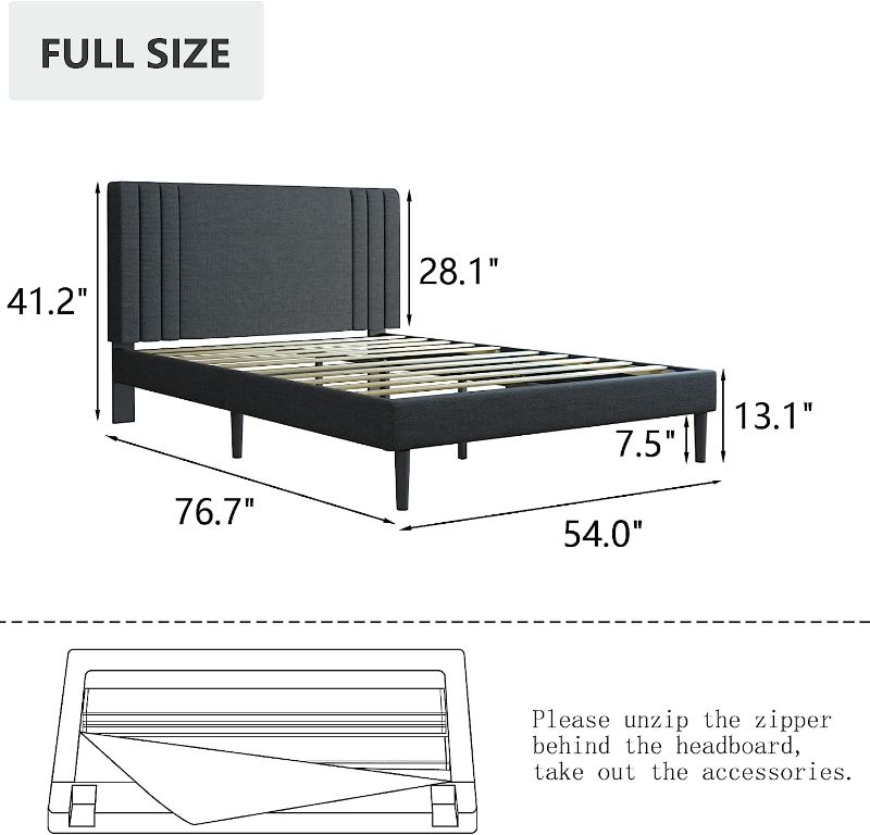 Photo 2 of Lijimei Full Size Bed Frame with Upholstered Headboard, Platform in Linen Fabric,Mattress Foundation with Wooden Slats Support, Easy Assembly, Noise Free, No Box Spring Needed, Dark Gray