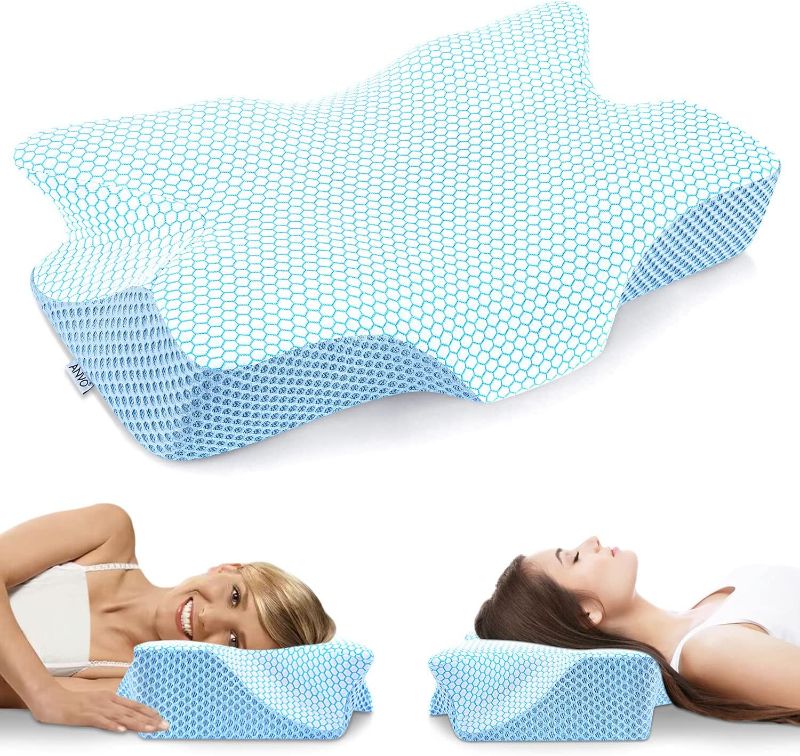 Photo 1 of Anvo Cervical Memory Foam Pillows for Neck Pain, Neck Pillows for Pain Relief Sleeping, Contour Orthopedic Pillow for Side Back Stomach Sleeper - Blue, Firm