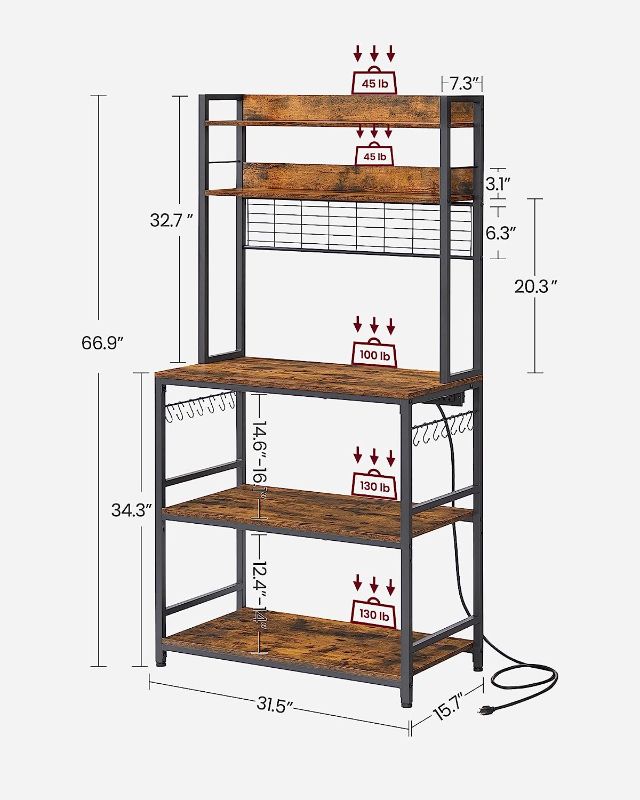 Photo 2 of VASAGLE Bakers Rack with Power Outlet, Adjustable Microwave Stand, 14 Hooks Coffee Bar with Metal Wire Panel, Kitchen Hutch Storage Shelf, 15.7 x 31.5 x 66.9 Inches, Rustic Brown and Black UKKS025B01