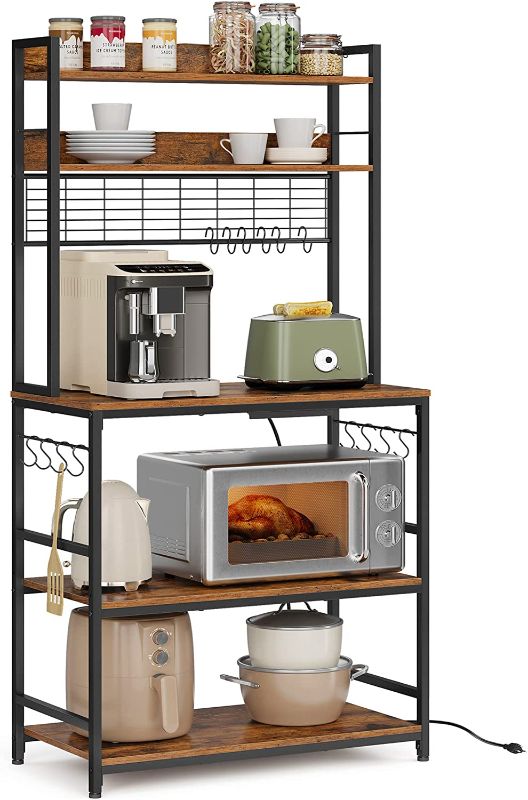 Photo 1 of VASAGLE Bakers Rack with Power Outlet, Adjustable Microwave Stand, 14 Hooks Coffee Bar with Metal Wire Panel, Kitchen Hutch Storage Shelf, 15.7 x 31.5 x 66.9 Inches, Rustic Brown and Black UKKS025B01