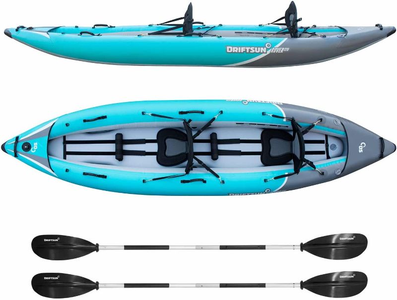 Photo 1 of Driftsun Rover Inflatable Kayak - Inflatable White Water Kayak - Inflatable 1 and 2 Person Kayaks for Adults with High Pressure Floor, Padded Seats, Action Cam Mount, Aluminum Paddles, and Pump