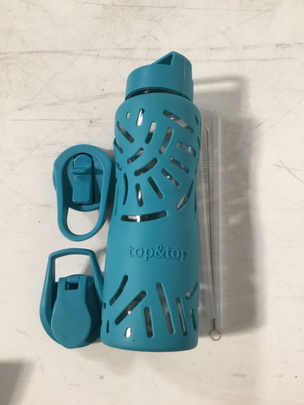 Photo 1 of TOP&TOP TOPS IS NOT ENOUGH 25oz Glass Water Bottles with Silicone Sleeve, 3 Different Lids (BPA Free) for Wide Mouth Glass Drink Bottles for Fitness and Outdoor (Mint blue)
