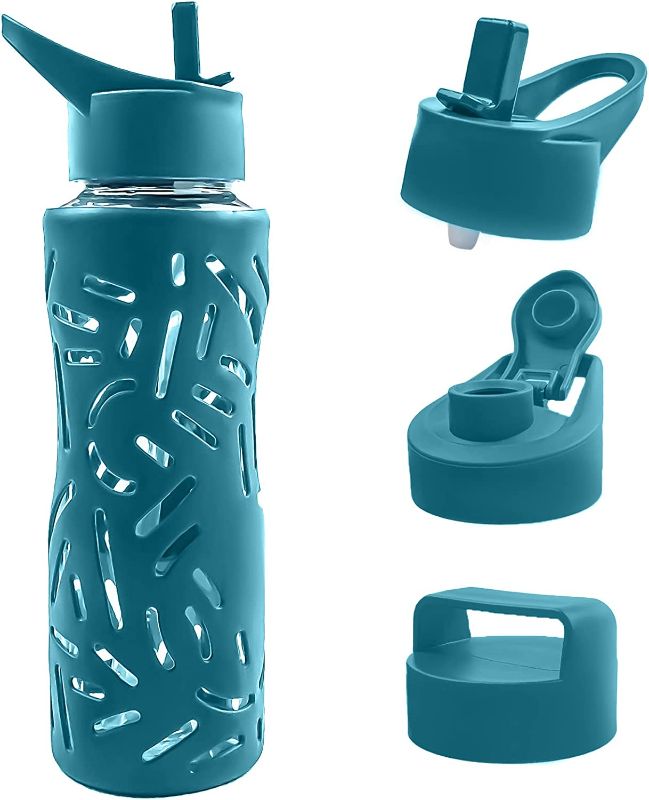 Photo 1 of TOP&TOP TOPS IS NOT ENOUGH 25oz Glass Water Bottles with Silicone Sleeve, 3 Different Lids (BPA Free) for Wide Mouth Glass Drink Bottles for Fitness and Outdoor (Mint blue)