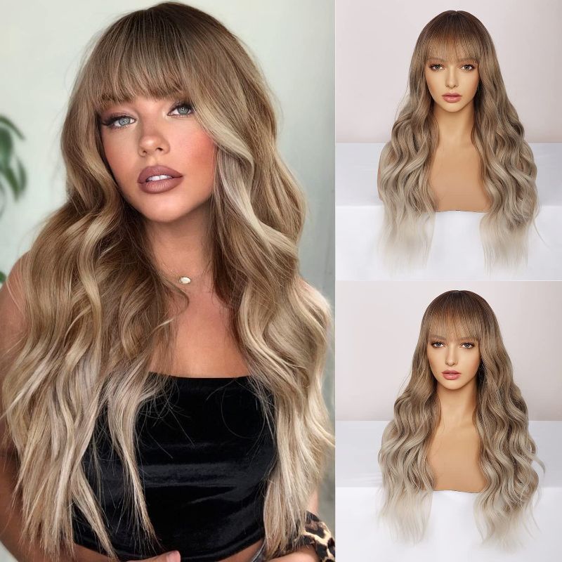 Photo 1 of ORSUNCER Ombre Blonde Wig with Bangs Long Wavy Ash Blonde Wigs for Women Synthetic Hair Heat Resistant Wig for Daily Use 24 Inch