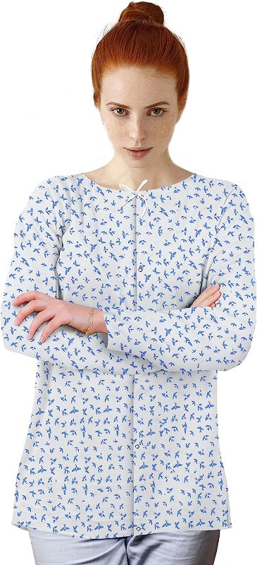 Photo 1 of AMZ Medical Supply Patient Shirt X-Large, 100% Cotton Post Surgery Shirt 3 Pack, White and Blue Swallow 147 GSM Post Surgery Clothing, Surgery Recovery Shirt with Long Sleeves, Front Snaps, Neck Ties